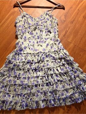 Anna Sui Lavender Floral Ruffle Silk Dress